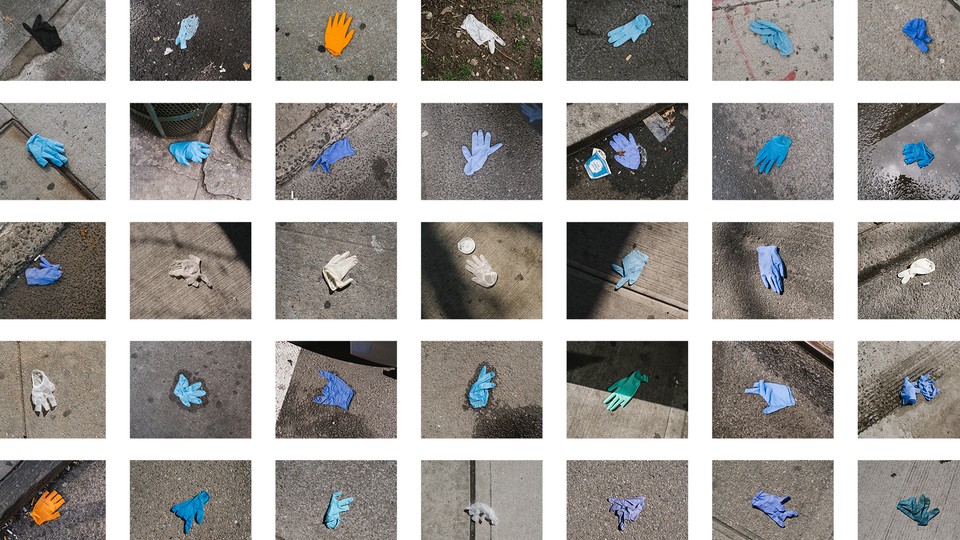 Grid of discarded gloves on the ground