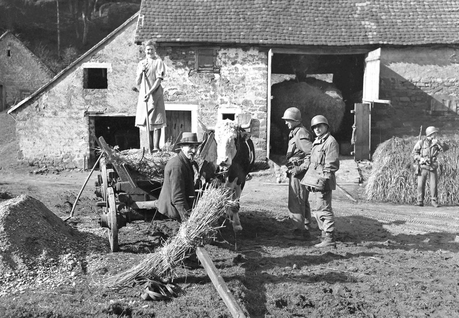 Several American soldiers stand and talk with a French couple who are handling hay in an ox cart.