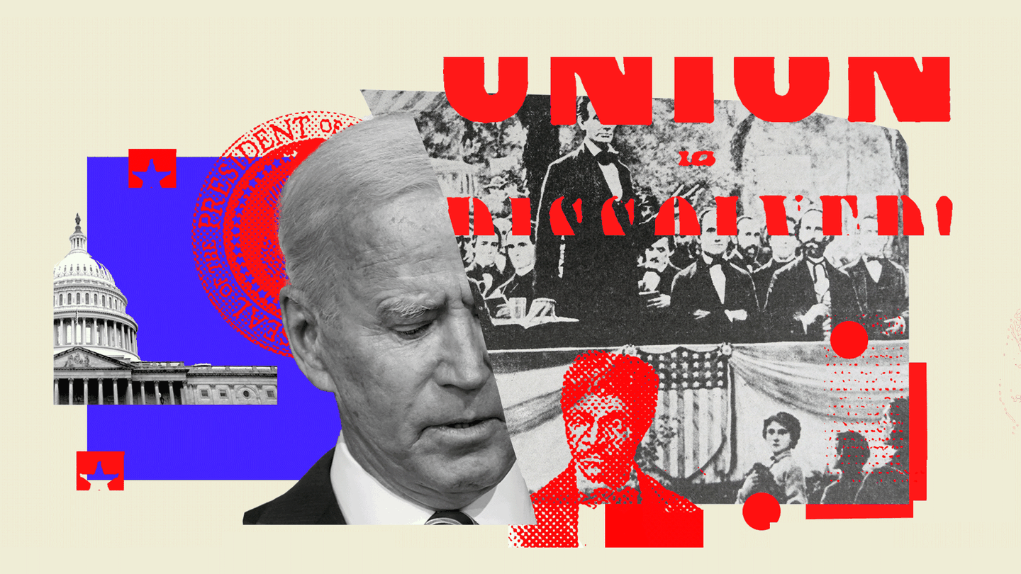 A collage of images of Joe Biden, the Capitol, Abraham Lincoln, and the Civil War era