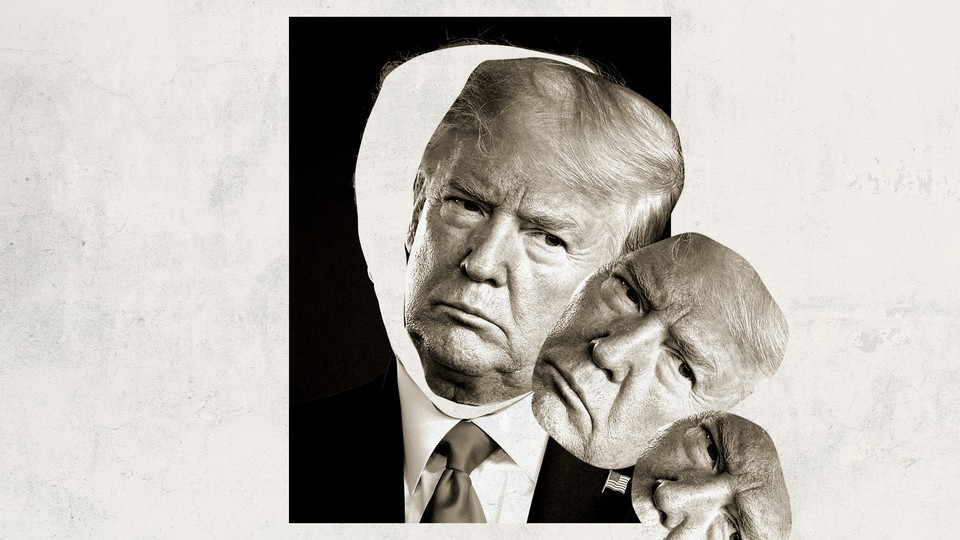 An illustration of Donald Trump's face toppling out of its silhouette