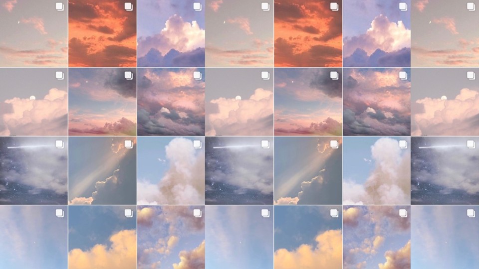 A screenshot of an Instagram grid with photos of clouds