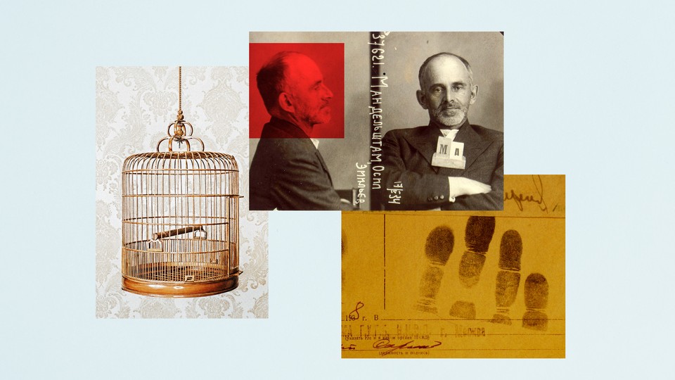 A collage including images of Osip Mandelstam, a birdcage, and fingerprints