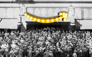 An old-timey crowd floods into a store with a giant Amazon logo superimposed on it.