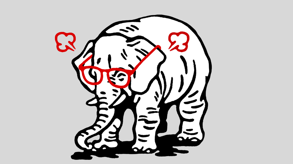 A black-and-white illustration of an elephant in red glasses releasing red steam from its ears