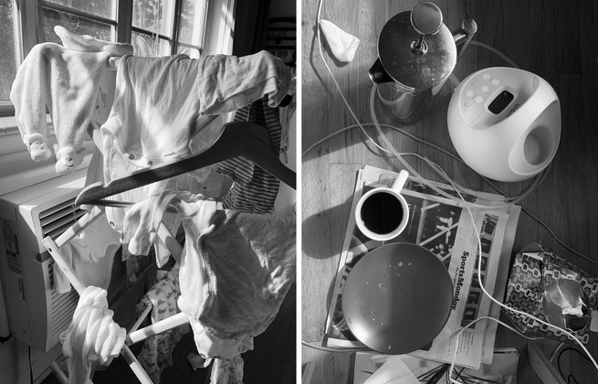 a diptych of hanging baby clothes and coffee and breast pump