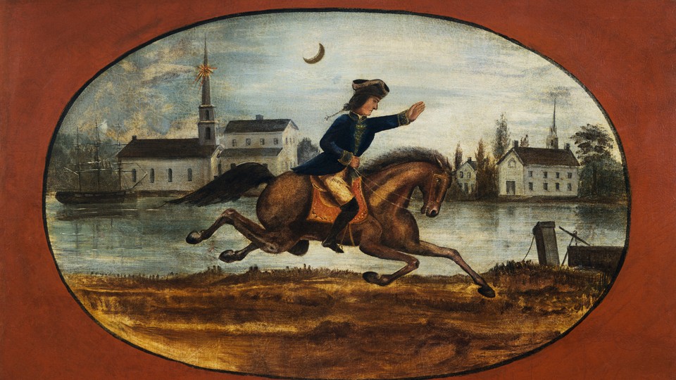 A color panel painting of Paul Revere riding from the Old North Church in Boston to Lexington
