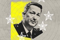 Photo-illustration of Dan Caine, with a black-and-white portrait of him in uniform surrounded by white stars and concentric circles, set on a neon-yellow and grey background