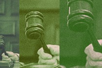 Three images of a hand holding a gavel