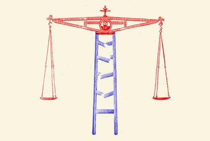 An illustration of a broken ladder making up the center of the scales of justice