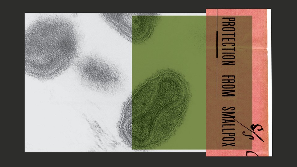 An illustration of black and white small pox viruses, onto which is superimposed a formal vaccination note in green and red that reads "PROTECTION FROM SMALLPOX"