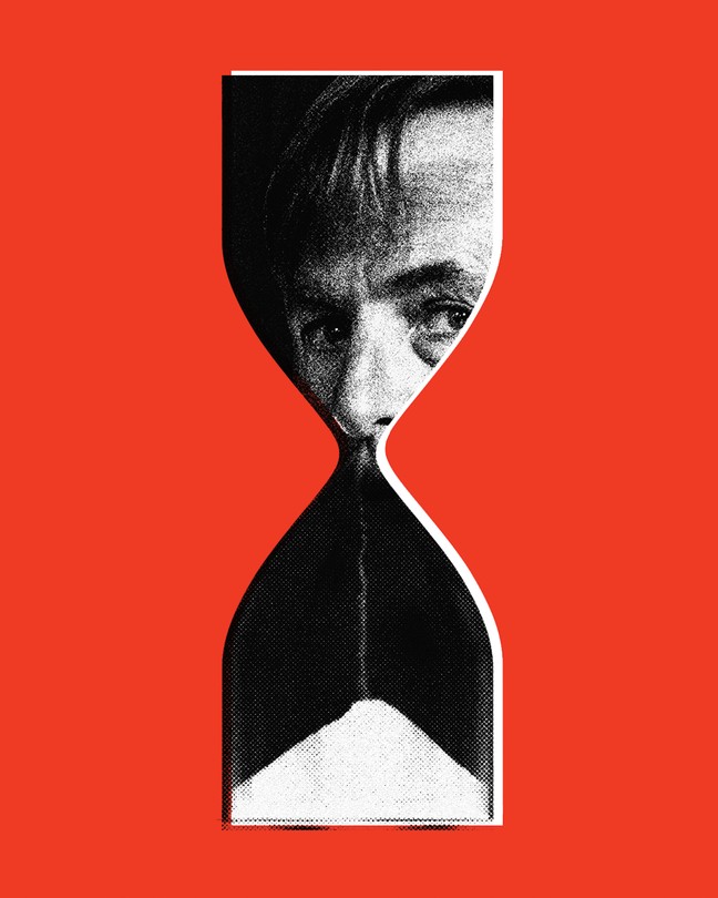 a black and white photo of Bob Odenkirk's face inside an hourglass filling with sand set against a red background