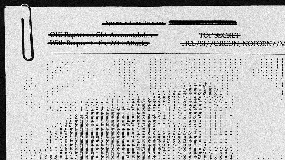 An edited image of an intelligence report in which the letters make up an image of Osama bin Laden