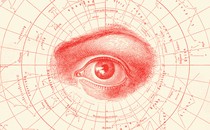A sketch of a human eye overlaid with a chart of constellations