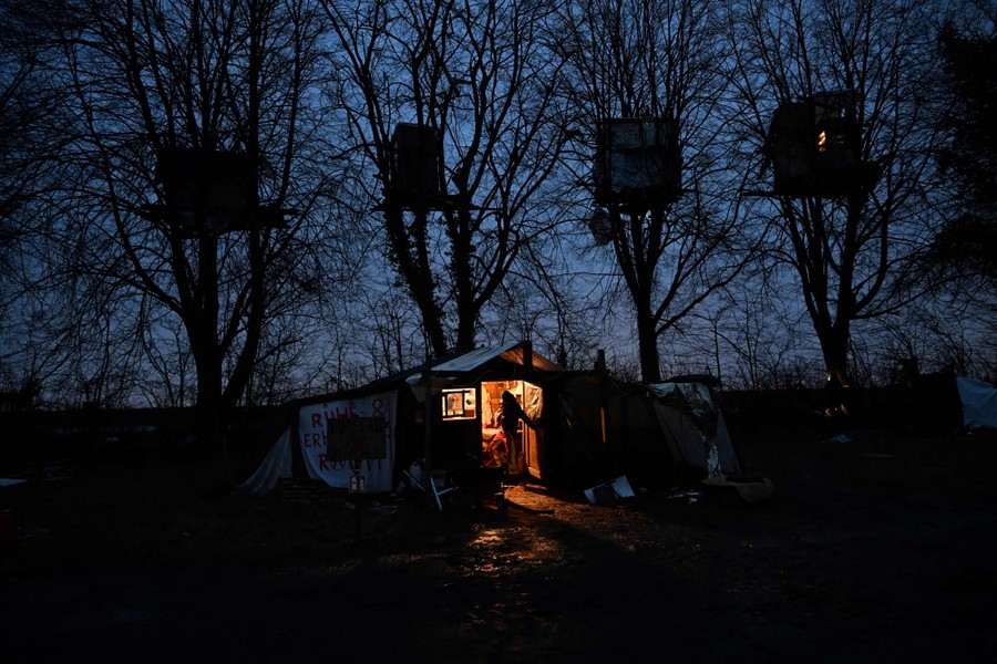A nighttime view of a person standing inside a tent with four treehouses visible in the background.