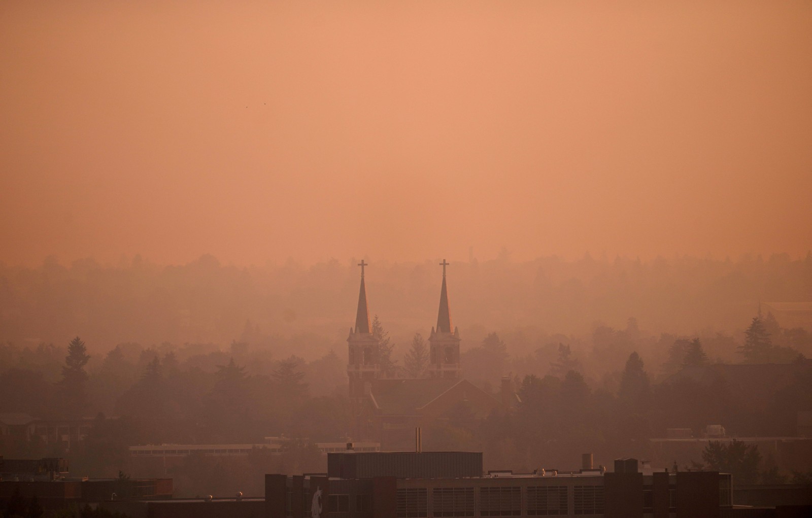 An elevated view of a neighborhood, seen under heavy wildfire smoke