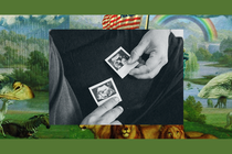 A pregnant person and their partner reflect on a sonogram of their baby. The image is set into a frame featuring The Experiment’s show art.