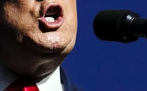 A photograph of Donald Trump speaking into a microphone