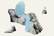 A collage of images of a statue of a man, with a blue finger-print smudge over his face and another off to the side