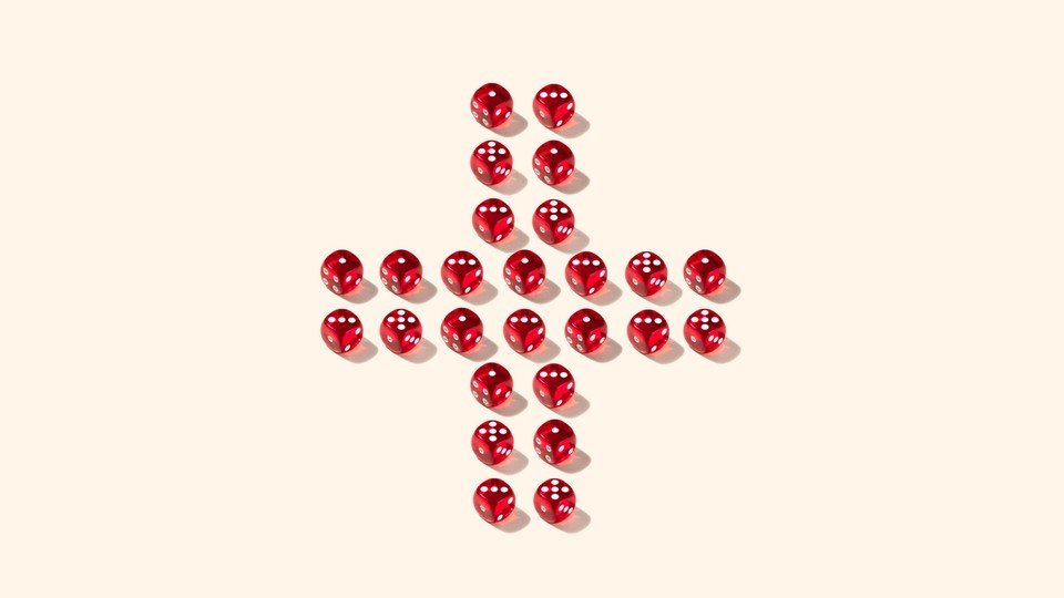 Illustration of red cross made out of dice