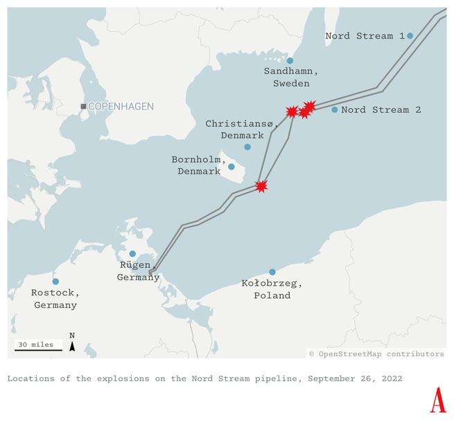 map of Nord Stream 1&2 and blast sites in the Baltic Sea