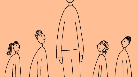 A sketch of a tall person surrounded by shorter people looking up at him