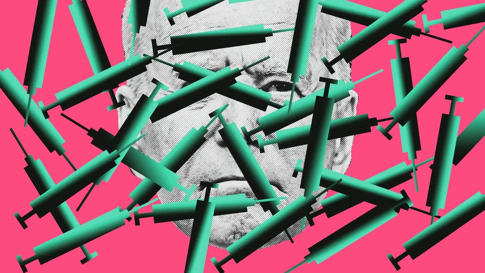President Biden's face, on a hot-pink background, is superimposed with dozens of teal syringes.