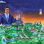 Painting of Ron DeSantis in blue suit rising over horizon between sun and moon, over landscape bordered by Gulf- and Atlantic-coast beaches, cruise ships, canals, alligators, the Daytona Speedway, Kennedy Space Center launching a rocket, Mar-a-Lago, and Disney World with fireworks