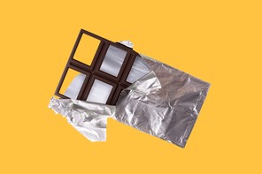 Illustration of a half-unwrapped chocolate bar. Each square of chocolate is just an empty brown frame.