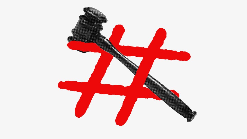 Artwork of a black gavel intertwined with a red hashtag or pound sign.