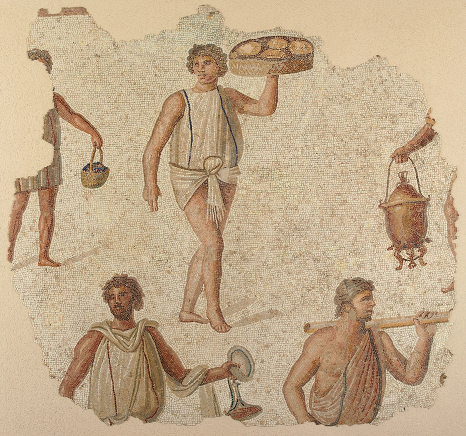 detailed floor mosaic fragment with multiple barefoot figures carrying a tray of food, basket, large urn, and other domestic objects