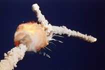 The space shuttle Challenger explodes after liftoff in 1986.