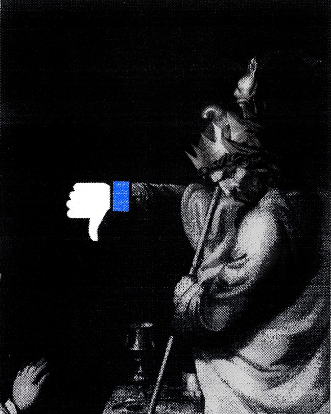 Photo-illustration of a king  giving the Facebook thumbs-down