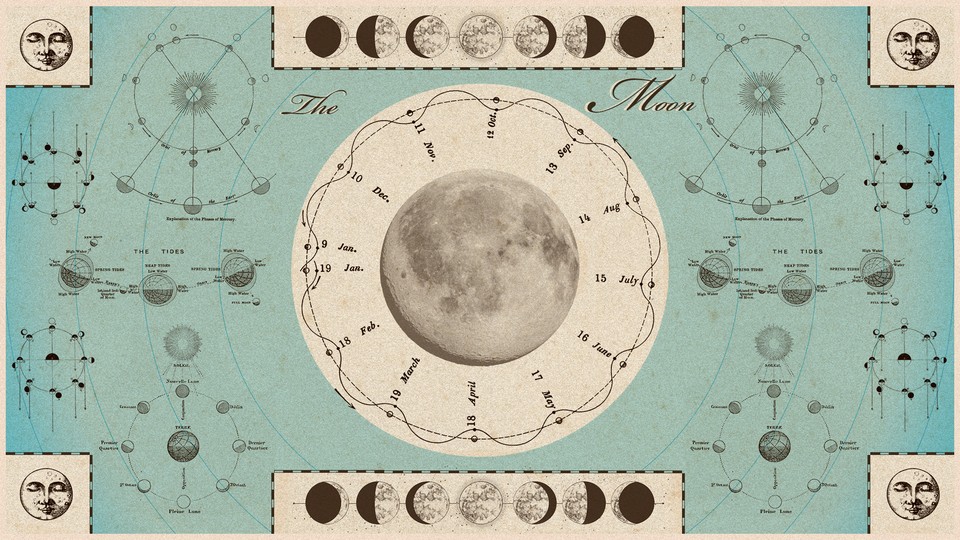 An antique-style chart of moon phases, set on a light-blue background