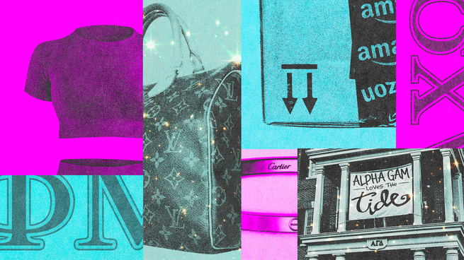 Collage of purses, clothes, and jewelry with a sorority sign