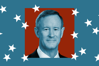 Photo of guest Bill McRaven against a blue background and falling white stars