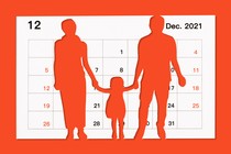 An illustration with a silhouette of a family superimposed on a calendar