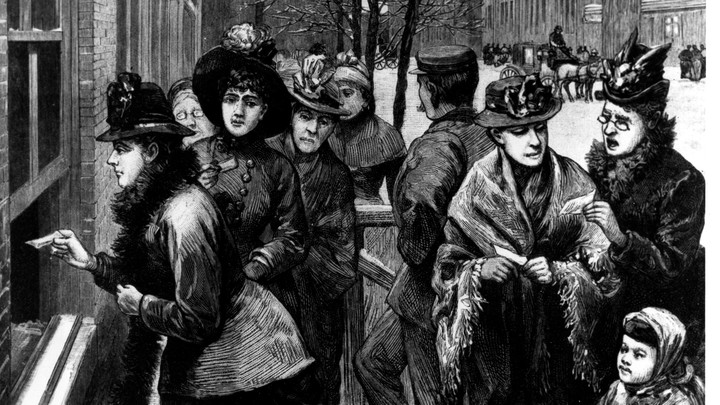 An 1869 engraving of women voting in Wyoming, where women were granted equal voting rights on December 10, 1869