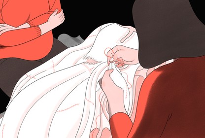 An illustration of a woman mending a dress