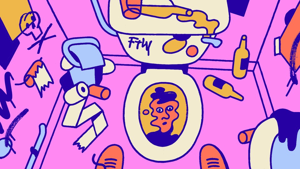 A man in a trashed bathroom looking at his reflection in a toilet bowl