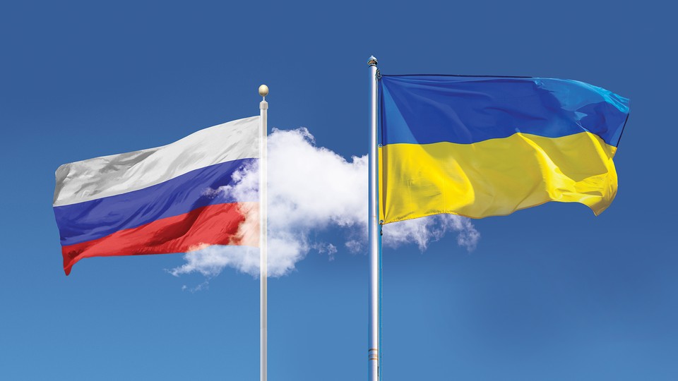 Illustration showing a flag of Russia covered by a cloud and a flag of Ukraine that is not