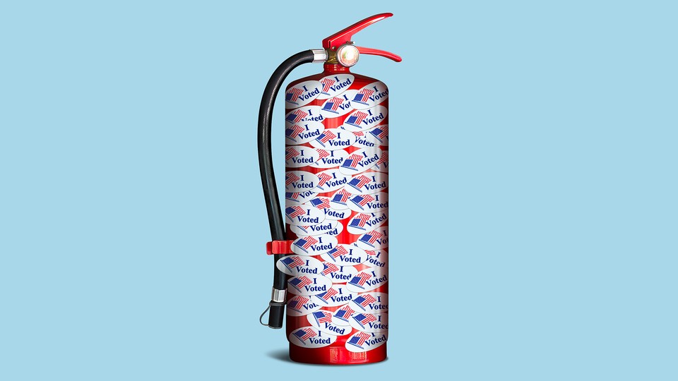 An illustration of a fire extinguisher covered in "I Voted" stickers