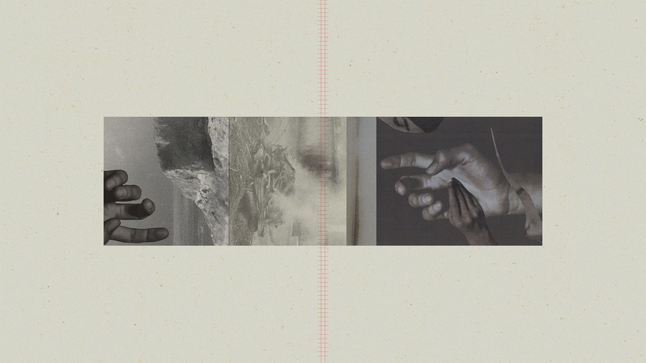 collage of hands, ocean, train tracks