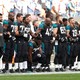 Patrick Omameh of the Jacksonville Jaguars kneels during the U.S. national anthem before a match in September 2017