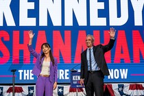 Robert F Kennedy and Nicole Shanahan greeting audience from a stage