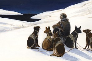 Illustration of a man sitting on a snow-covered hill surrounded by sled dogs