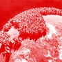 Red-and-white graphic illustration showing the Earth from space, but the continents are crowded with giant people