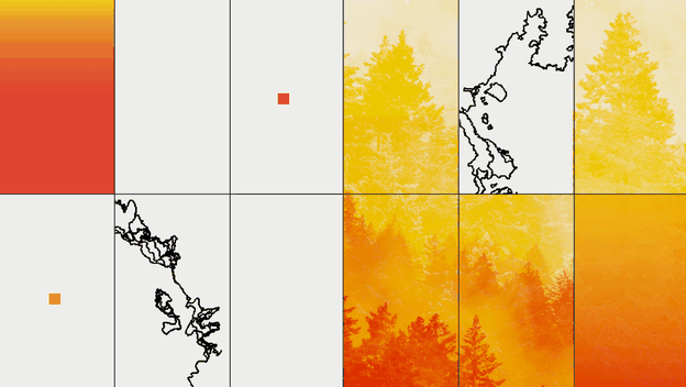 Illustration with grid of black-outlined fire areas and orange-and-yellow photos of treeline and smoke
