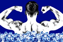 A man flexes his muscles with ice behind him