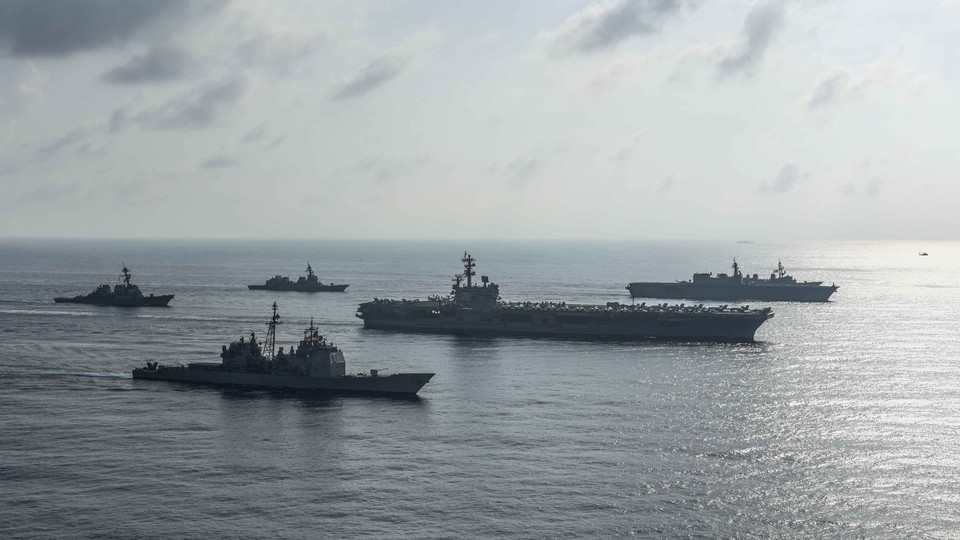 The Ronald Reagan Strike Group conducts a photo exercise in the South China Sea.