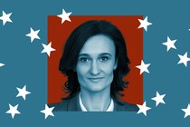 Photo of guest Viktorija Čmilytė-Nielsen against a blue background and falling white stars